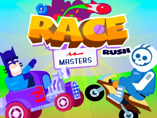 Imagem do jogo Race Masters Rush com personagens em veículos estilizados correndo e atirando. Corrida cheia de ação com obstáculos, inimigos e armas em um cenário colorido e vibrante.